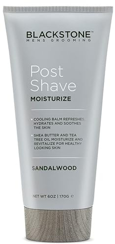 Blackstone Men's Grooming Post Shave Moisturizer with Tea Tree Oil, Shea Butter, Vitamin E, & Aloe | Soothing Cooling Balm | Cruelty & Paraben Free | Made in USA | Sandalwood (6 oz)