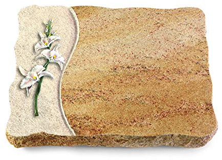 Wilhelmy Grabmale Grabplatte, Grabstein, Grabkissen, Urnengrabstein, Liegegrabstein Modell Wave 40 x 30 x 5 cm Kashmir-Granit, poliert inkl. Gravur (Bronze-Color-Ornament Orchidee)