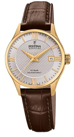 Festina Swiss Made Damenuhr Analog aus Leder Braun | Quarzwerk, Saphirglas, Wasserdicht 10 ATM und Kalender F20011/2, Classic Leather