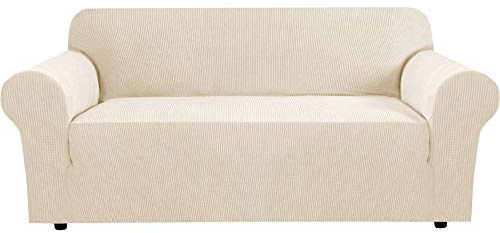 H.VERSAILTEX Stretch Sofa Covers for 3 Cushion Couch Covers Sofa Slipcovers for Living Room Feature Thick Checked Jacquard Fabric with Elastic Bottom, Sofa Large - Natural