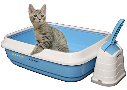 Exclusiv Katzentoilette offen mit Rand 40x50x15 cm Set mit Streuschaufel und Hygiene-Behälter Non-TOXID Rohmaterial der Umwelt zuliebe HELLBLAU