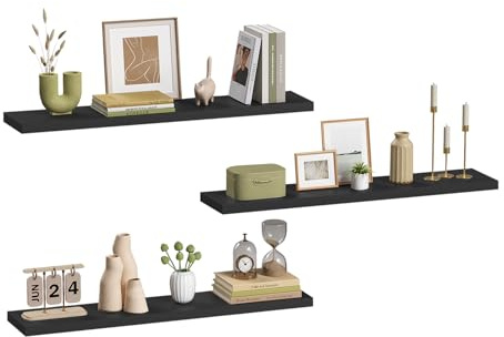 eSituro Set di 3 Mensole da Muro Nere in MDF, Mensole Cucina Salvaspazio, con Staffa Metallica Invisibile, per Soggiorno, Camera da Letto, Bagno, 100x22,9x3,8 cm