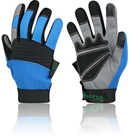 SAFTA Mechanic Gloves, Leather Palm with Breathable Spandex Back, Anti Vibration & Impact Reducing, Automobile, Aviation, Yards, Assembly, Driving & Gardening Work Gloves. (XL(10), Blue Black)
