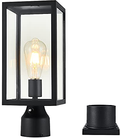 Windben Large 15 inch Dusk to Dawn Outdoor Post Light,Waterproof Cast Aluminium Lamp Post Light Fixture,Post Lantern with Pier Mount Base,Matte Black,Suitable for Garden,Yard,Driveway,etc