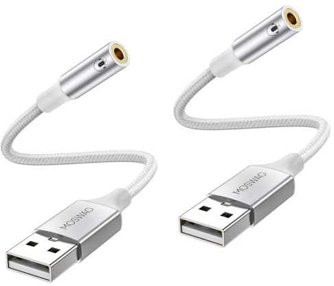 MOSWAG USB auf 3,5 mm AUX Klinke Stereo Externe Soundkarte Audio Adapter | 2er Weiß Konverter Adapte Kabel kompatibel mit Kopfhörer, PC, Laptop, Linux, Desktop, PS4 (Hinweis: Nicht für TV& CAR)