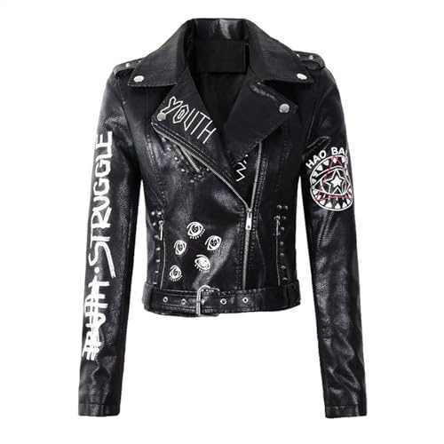 Otoño Mujeres Faux Soft Cuero Chaquetas Abrigos Lady Remache Cremallera Imprimir Motocicleta Streetwear (Color : Black, Size : X-large)