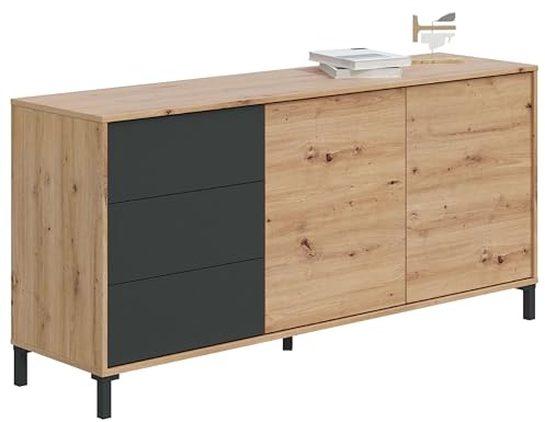 Habitdesign, Aparador 2 Puertas y 3 Cajones, Buffet para Salon, Modelo Brooklyn, Acabado en Color Roble Nodi y Gris Antracita, Medidas: 154 cm (Ancho) x 74 cm (Alto) x 41 cm (Fondo)