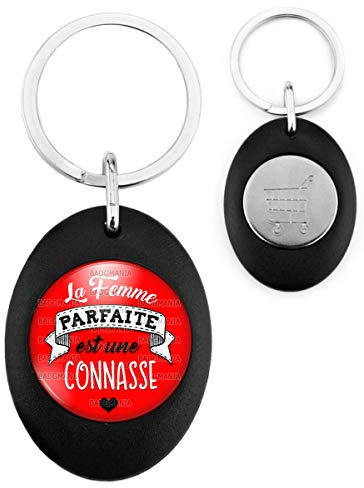 Badgmania Porte Clés Ovale Noir Jeton de Caddie La Femme Parfaite est une CONNASSE - Cœur fond rouge - Humour Femme Idée Cadeau
