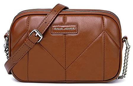 David Jones - Dämen Kleine Umhängetasche - Mini Crossbody Bag PU Leder - Handtasche 2 Fächern mit Reißverschluss - Gesteppte Tasche Kette Schultertasche - Abendtasche Elegant Stilvoll - Cognac Braun
