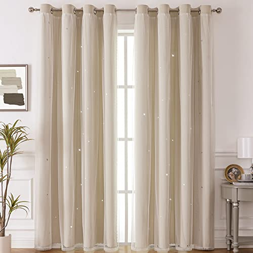 Nyescasa Verdunklungs Vorhänge mit Höhlen mit Voile 2er Set 160x132cm Beige | Kinderzimmer Vorhang Doppellagige Gardienen Sterne mit Voile Ösenschal für Wohnzimmer Schlafzimmer Mädchen Dekoschal