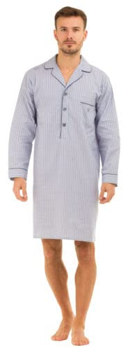 Classic Comfort Herr lyx traditionella långa ränder 100 % ren bomull nattskjorta pojkar vardaglig långärmad nattkläder daglig användning nattklänning mörkblå grå nyanser 3 knappar, Marinblå rand, L