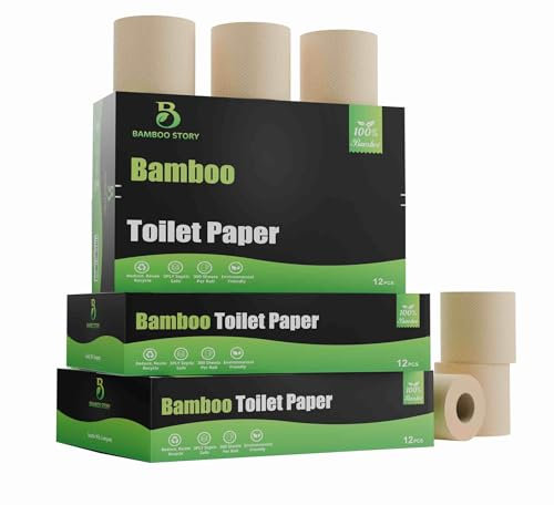 Bamboo Story, Carta igienica in bambù non sbiancata, 12 rotoli, 3 veli e 300 fogli di carta igienica in bambù, certificata FSC, biodegradabile, senza sostanze chimiche, senza plastica, senza BPA