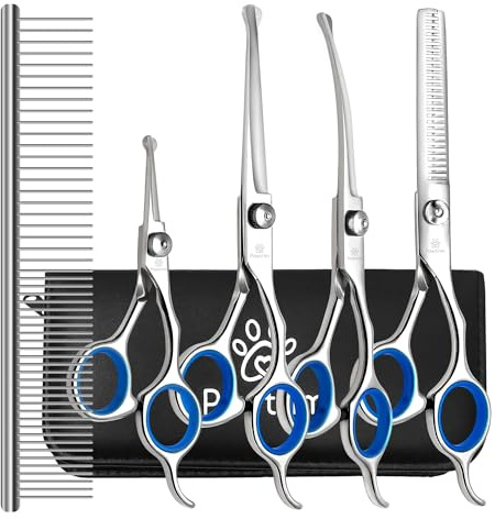 Pawtrim Professionelles Fellpflegeset für Haustiere - 6 in 1 Fellschere für Hunde und Katzen - Verstellbare Schraubenschere, 4CR Edelstahl Hundeschere, Effilierschere, Gummigriffe