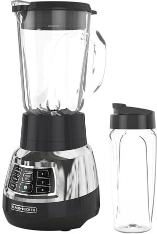 Black+Decker Quiet Blender with 6-Cup Cyclone Glass Jar, 3 Speeds + 3 Functions & Serrated Blade Technology for Faster Blending, Pulse Button and 24-oz Personal Jar, 900W