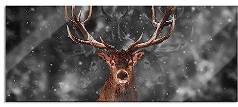 Pixxprint Glasbild Panorama, Wandbild aus Echtglas, Machtvoller Hirsch im Winterwald B&W Detail, 120x50 cm, inkl. Aufhängung und Abstandshalter