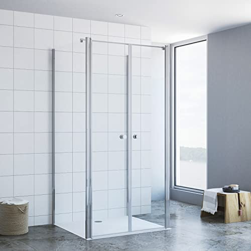 AQUALAVOS 3-seitige Duschkabine U Form 100x90x197cm U-Kabine Duschtür Duschabtrennung Duschwand Glas Dusche Eckdusche Pendeltür Klarglas 6mm Nano Sicherheitsglas mit Heb-Senk-Mechanismus