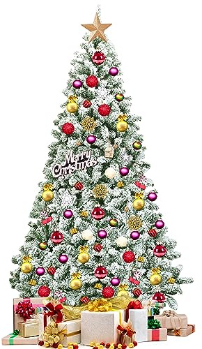 KOMFOTTEU Albero di Natale Artificiale 137/225 cm con Fiocchi di Neve, Albero di Natale Realistico con Supporto in Metallo, Christmas Tree Innevato Pieghevole per Casa, Negozio, Ufficio, Festa (L)