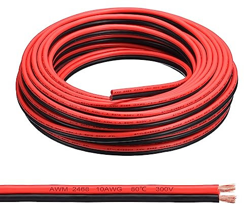QUARKZMAN 10AWG Elektrischer Draht 2 x 5,26 mm² Strom Kabel 15 Meter Weich und flexibel Kupfer Verlängerungskabel UL2468 Mantelleitung Gerätekabel PVC Silkon 2 adrig Rot Schwarz Elektrokabel