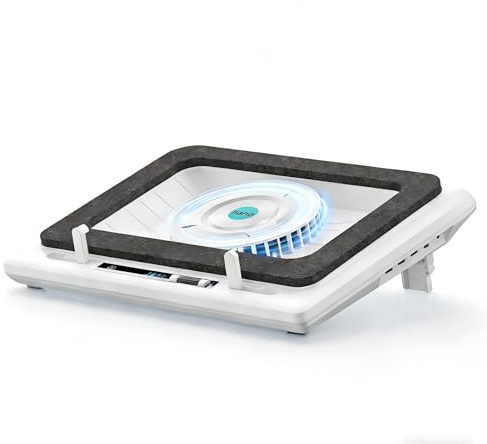 llano Laptop Cooler, Gaming Laptop Cooling Pad Stand with 5.5inch External Fan, Cooler Radiator Variable Speed, Touch Control, 3-Port USB, Seal Foam, Fast Cooling Computer Laptop 15-19in, White