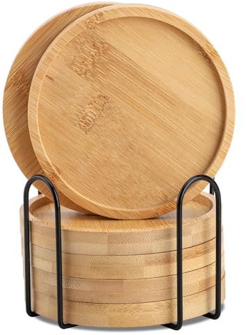 WLWNWFT Bamboo Coaster Set of 6 with Lid Holder for Coffee Table, Wooden Coasters for Drinks Saucers for Planters Tabletop Protection Housewarming Gift