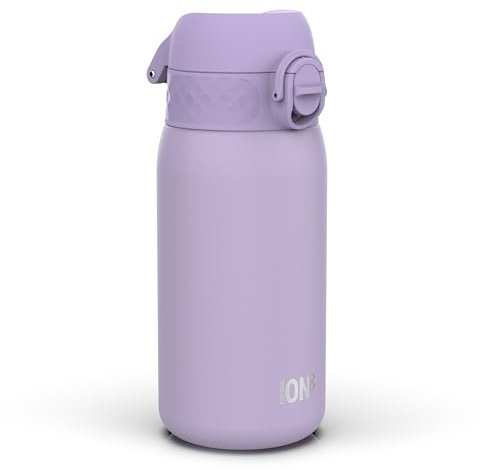 ion8 Kinder Trinkflasche, Edelstahl Leicht 400ml, Nicht Isoliert, Auslaufsicher, Einhandöffnung, Sichere Verriegelung, Spülmaschinenfest, Klappdeckel, Tragegriff, Leicht zu Reinigen, Helles Lila