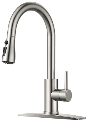FORIOUS Küchenarmatur mit herausziehbarem Sprüher, gebürstetes Nickel, hoher Bogen, Einhandgriff, traditioneller 3 Modi, Edelstahl-Wasserhahn für Küchenspüle, Bauernhaus, Wohnmobil, Wäsche-Camper