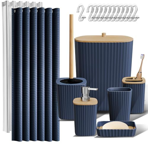 Clara Clark Bathroom Accessories Set - Bathroom Accessory Set with Shower Curtain Set, Toilet Brush, Trash Can & Soap Dispenser (Navy Blue, Complete Set)