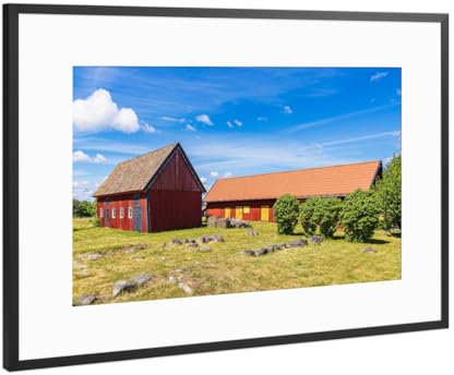 artboxONE Poster mit Rahmen Schwarz (Metallic) 75x50 cm Rote Holzhuser in Schweden von Rico Kdder