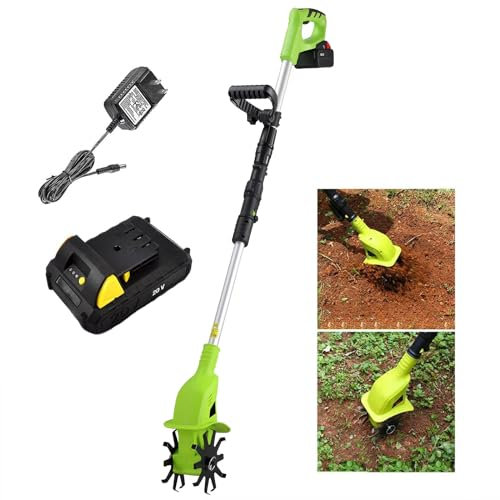 SUZLAZYR Motobineuse sans Fil - Motoculteurs 20V pour Jardin, Cultivateurs électriques pour Le Jardinage, Profondeur de labourage de 10 Pouces, Batterie Rechargeable, Vert