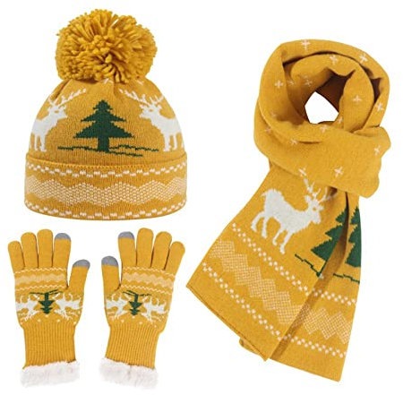 Modische warme Mützen für Damen und Herren, 2024, warme Mütze, Damen, Winter, europäische und amerikanische Weihnachtsstrickmütze, Handschuhe, Schal, drei dicke Wollmütze, Herrenmütze, gelb,
