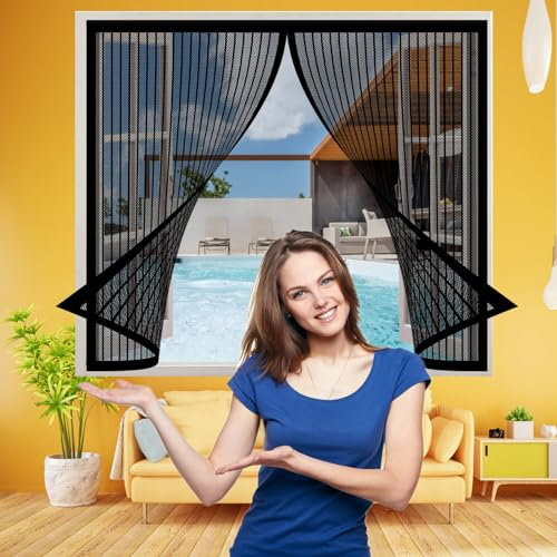 Fliegengitter Fenster Magnet 102 x 198 cm, Insektenschutz Klettband Fliegengitter Fenster mit Klettband, Klebmontage Ohne Bohren für Alle Arten von Fenstern, Schwarz