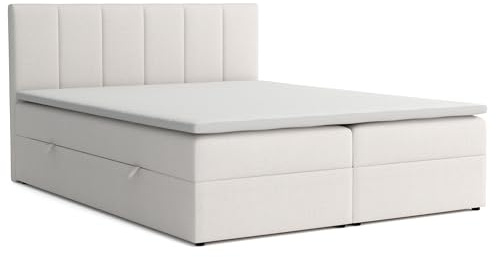 Boxspringbett 180x200 mit Bettkasten, Lisa Doppelbett Beige Velourstoff | Bett 180x200, Doppelbett mit Komfortschaumkern-Topper (2 cm) für extra Liegekomfort
