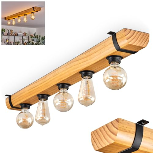 HOFSTEIN Deckenleuchte Skads, Deckenlampe aus Metall/Holz in Schwarz/Naturfarben, moderne Leuchte im Industrial/Retro/Vintage-Design mit Holzbalken, 5 x E27, Wohnzimmer, Esszimmer, Schlafzimmer, Küche