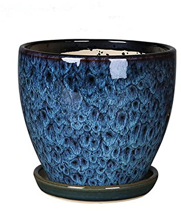 Vasi per Piante Extra Grandi in Ceramica,Vasi da Fiori Rotondi Blu Pavone per Piante,Fioriera in Ceramica con Fori di Drenaggio,Vasi per Interni con sottovaso,Vasi da Giardino per Esterni (Blu 21 cm*