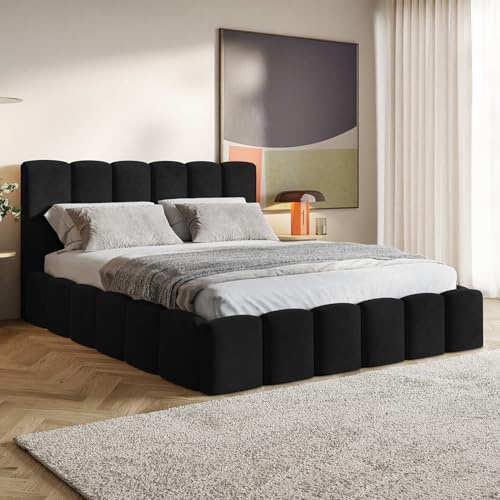 MOTIVENA Nunu Bubble Bett 180x200 Schwarz Samt, mit Stauraum, mit Kopfteil, mit Lattenrost, ohne Füße, ohne Matratze, Bubble Polsterbett 180x200 mit Bettkasten Schwarz