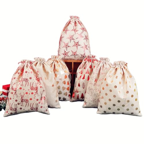 8 Stück Weihnachts-Geschenktüten mit Kordelzug, 30 x 40 cm, große Weihnachts-Leinenbeutel, Geschenkbeutel, Aufbewahrungstasche für Weihnachten, Party, Gastgeschenk, Urlaubsgeschenke