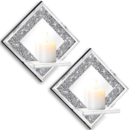 ZOLAPI Crystal Crush Diamond Candle Holders Set of 2 Diamond Silver Mirrored Candlesticks Wall Decorations for Living Room Dining Room Bedroom