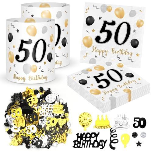 20 Stück Servietten 50. geburtstag+ 12 Stück Windlicht Tischdeko 50 Geburtstag + 500 Stücke Konfetti 50 Geburtstagsdeko Schwarze Gold, Deko 50. Geburtstags, Tisch Deko 50 Jahre Happy Birthday Jubiläum