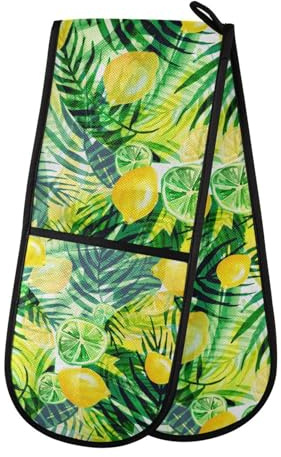 Oven Gloves Double Oven Gloves Green Leaves Orange Lime Lemon Oven Mitts Pot Holder Heat Resistant Quilted for BBQ Baking Kitchen Cooking Gloves