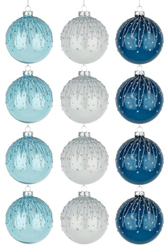 12 Stück/80 mm Glaskugeln, Weihnachtsbaumkugeln, hängende Ornamente, Verschiedene Designs, Weihnachtsbaumschmuck, Blau, Weiß
