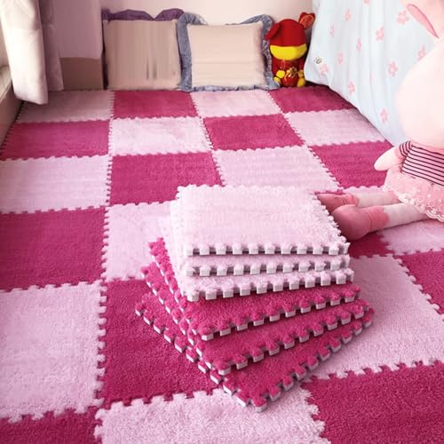 BRCYKRWY 10 Stück DIY Puzzle Shaggy Teppich,Schaumstoff-Fußmatten,Plüsch Spielmatte rutschfest Bodenschutzmatte 30x30x1cm,Flauschige Flächenteppiche,quadratische Plüsch-Puzzle-Bodenfliesen