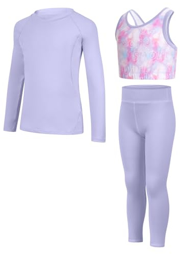 JiAmy Yogabyxor för flickor, atletiska leggings, träningskvättar, set för barn, gym, magtröja, träningskläder, set för 5-12 år, Lila, 8-9 År