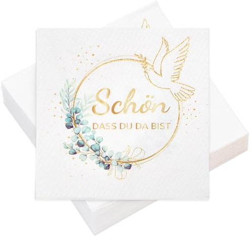 100 Servietten Geburtstag Hochzeit Eukalyptus Schön Dass Du Da Bist Tischdeko, 3-lagig Servietten 33 x 33 cm, für Geburtstag, Hochzeit, Taufe, Kommunion, Konfirmation, Party Tischdeko