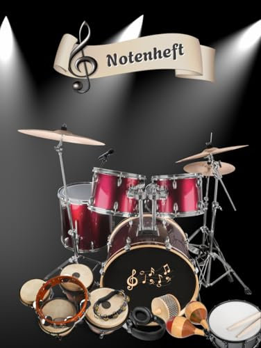 Notenheft Schlagzeug DIN A4 Notenbuch Xylophon Musikunterricht Trommeln Notenlinienheft Große Lineatur Glockenspiel Maracas Glocken Triangel Zimbel ... Notensysteme Rasseln Musiker Gongs B01B