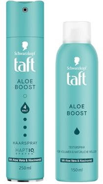TAFT Haarspray (250 ml) & Texturspray (150 ml) Aloe Boost, alle Haartypen, für Volumen & natürliche Wellen, Volumenspray mit Aloe Vera & Niacinamid sorgt für mühelose Undone Looks