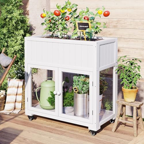 Polibi Patio Mini Wood Cold Frame, Compact 2 Doors Garden Greenhouse with Wheels, Raised Bed with Liner for Indoor Outdoor Use,35.4''x17.7''x37.4'',White