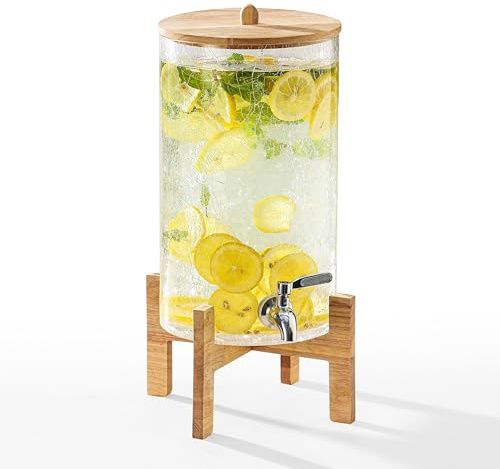 Cryyam 2 Gallon Glass Drink Dispenser with Stand, Beverage Dispenser with Wood Lid and Stainless Steel Spigot, Glass Water Dispenser for Parties, Ideal for Juice, Tea, Lemonade, and More