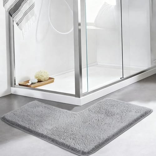 RONGJUKD L-Shaped Bath Mat & Shower Mat,Corner Bath Mat, Non-Slip Absorbent Carpet for Corner Showers & Tubs | Machine Washable Grey Bathroom Rug | Home Spa Toilet Floor Mat,Gift For Christmas(Grey)