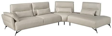 Ängel CERDá – 5-sitsig höger schäslong soffa – modern design – 341 x 254 x 94 cm – massiv trästruktur med extra kuddar och ben i svart rostfritt stål – sandfärgad