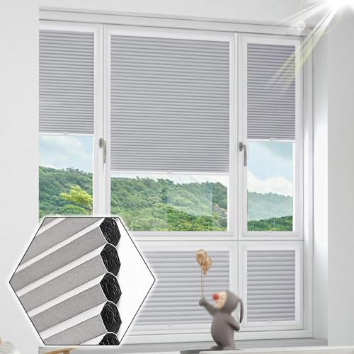 Wabenplissee Tür,Wabenplissees Für Fenster,Plisseerollo 100% Verdunklungsplissee,Doppelplissee Thermisch,Sichtschutzvorhänge Ohne Bohren,Waben Plissee Grau,Schallschutz,W×H-55×160cm(21.7*63in)